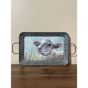 Primitives by Kathy Galvanized Tray with Lamb Artwork Blue and Gray